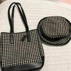 Wool and leather houndstooth bag and hat.